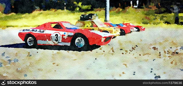 Stockholm, Sweden, April 16,2020. Watercolor representing a group of famous racing cars ready for the start. Watercolor representing a group of famous racing cars ready for the start