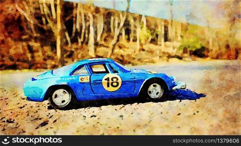 Stockholm, Sweden, April 16,2020. Watercolor representing a historic French blue rally racing car. Watercolor representing a historic French blue rally racing car