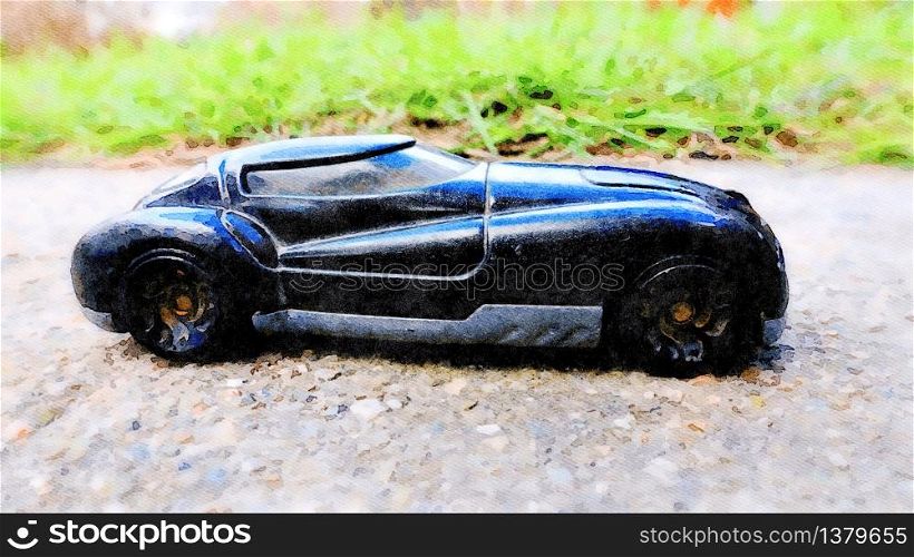 Stockholm, Sweden, April 16,2020. Watercolor representing a luxury black sports car. Watercolor representing a luxury black sports car