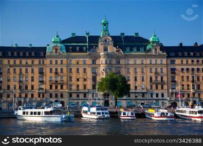 Stockholm, Sweden in Europe. Waterfront view on architecture and ships