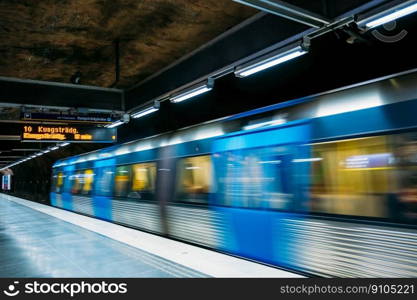 Stockholm, Sweden. Modern Illuminated Metro Underground Subway Station In Blue And Gray Colors With Moving Train.. Stockholm Sweden. Modern Illuminated Metro Underground Subway Station With Moving Blue Gray Train