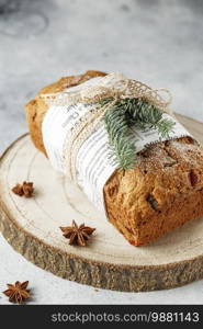 Stollen is fruit bread of nuts, spices, dried or candied fruit, coated with powdered sugar. It is traditional German bread eaten during the Christmas season. New year prep. Holiday baking