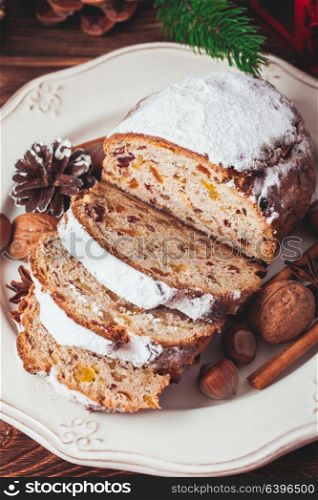 Stollen, traditional Christmas sweet holiday cake in Germany. Christmas cake - Stollen