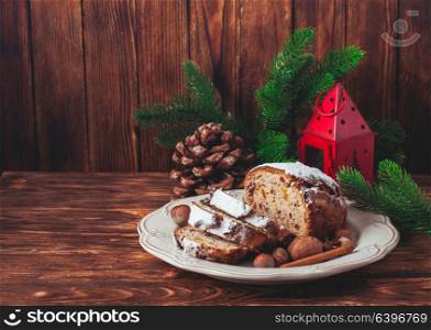 Stollen, traditional Christmas sweet holiday cake in Germany. Christmas cake - Stollen