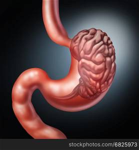 Stomach brain and enteric nervous system symbol or gut feeling concept as a human digestion and thinking organ as an icon for gastrointestinal function or digestion disorder and food craving with 3D illustration elements.
