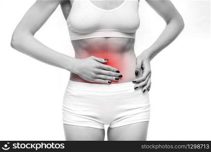 Stomach pain, woman with problem during menses, white background. Female person in lingerie, medical advertising or concept