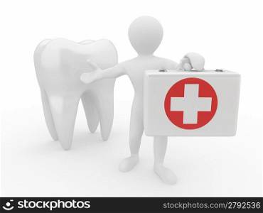 Stomatologist. Tooth and Men with medical kit. 3d