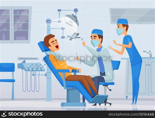 Stomatology clinic. Medical stuff dentists specialists working in diagnostic cabinet vector healthcare concept cartoon illustrations. Stomatology professional occupation, healthcare and diagnostic. Stomatology clinic. Medical stuff dentists specialists working in diagnostic cabinet vector healthcare concept cartoon illustrations