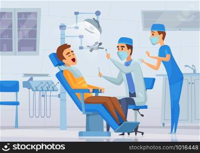 Stomatology clinic. Medical stuff dentists specialists working in diagnostic cabinet vector healthcare concept cartoon illustrations. Stomatology professional occupation, healthcare and diagnostic. Stomatology clinic. Medical stuff dentists specialists working in diagnostic cabinet vector healthcare concept cartoon illustrations