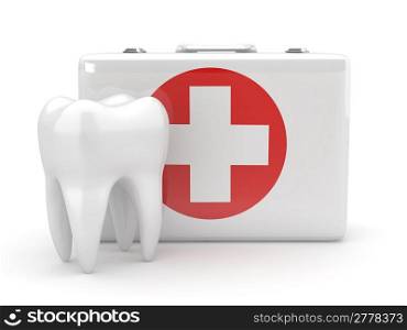 Stomatology. Tooth and Medical Kit on white isolated background. 3d