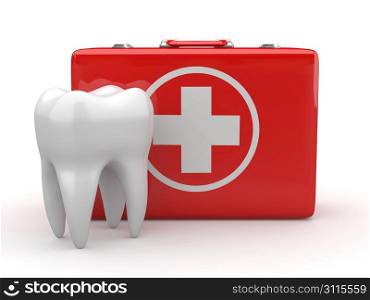 Stomatology. Tooth and Medical Kit on white isolated background. 3d