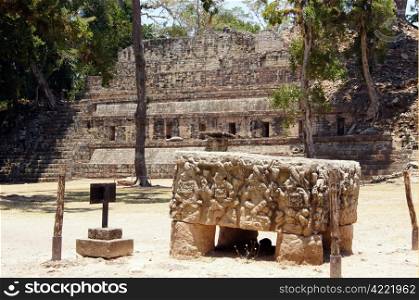 Stone altar and square with pyramid in Copan, Honduras