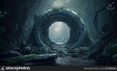 stone arch in the mystical forest generative ai.