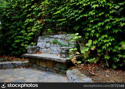 Stone bench at Adrina beach resort garden,Skopelos,Greece