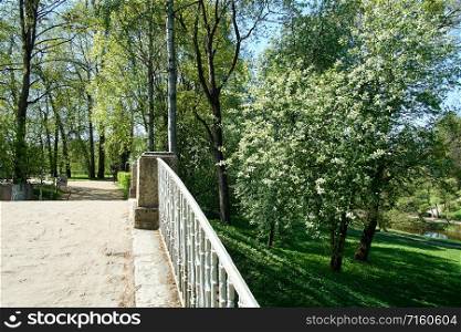 Stone bridge and balustrade with cobblestone path.. Balustrade of the old bridge in the park