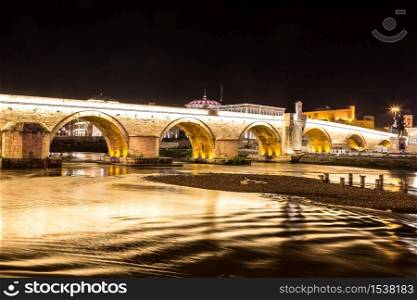 Stone bridge in Skopje in a beautiful summer night, Macedonia