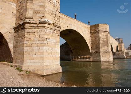 Stone Bridge Over The River Ebro In Zaragoza, Spain