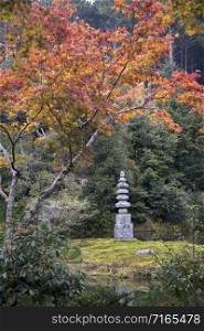 Stone buddha at carvings are inside the garden of Kinkakuji Temple Kyoto, Japan