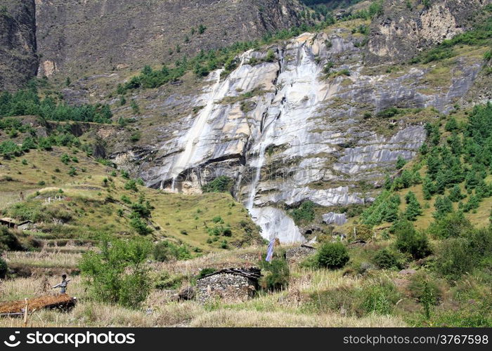 Stone building and rock in mountain in Nepal