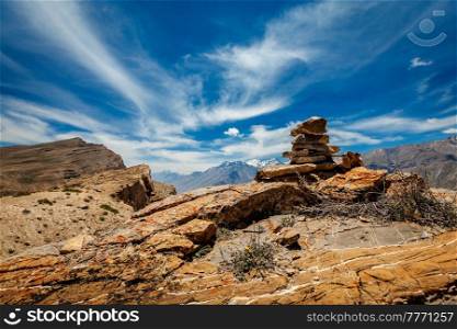 Stone cairn in Spiti Valley in Himalayas, Himachal Pradesh, India. Stone cairn in Spiti Valley in Himalayas
