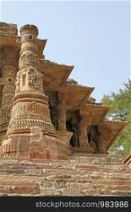 Stone carved pillar and lotus petal dome, Surya mandir Modhera, Gujarat