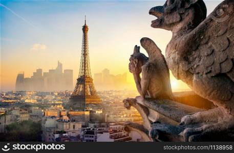 Stone Chimera and Eiffel Tower at sunset in Paris, France