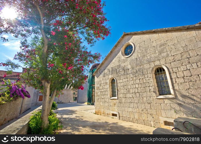 Stone church and flowers of Hvar island, town of Stari Grad, Croatia