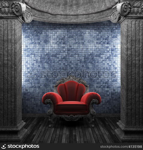 stone columns, chair and tile wall made in 3D