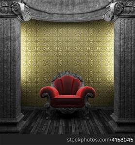 stone columns, chair and tile wall made in 3D