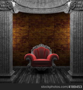 stone columns, chair and tile wall made in 3D