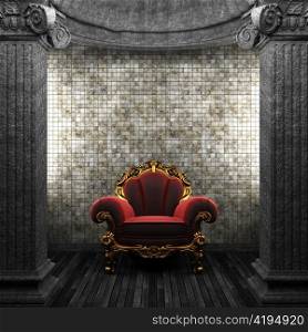 stone columns, chair and tile wall made in 3D
