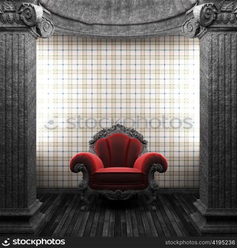 stone columns, chair and wallpaper made in 3D