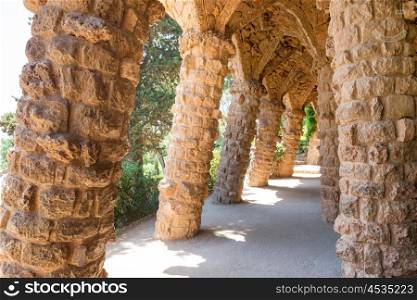 Stone columns in colonnade of Park Guell, designed by Gaudi, Barcelona, Catalonia, Spain