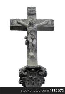 Stone cross with Christ crucified located on the Road To Santiago