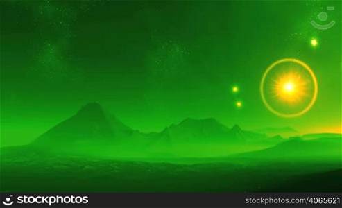 Stone desert, destroyed the pyramid. Everything is shrouded in green fog. In the night sky bright yellow star, surrounded by a halo. In the distant nebulae and stars. Along the horizon moving slowly bright yellow sun and fills the landscape with thick yellow light.