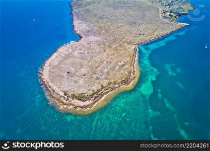 Stone desert island of Zecevo aerial view, Zadar archipelago of Croatia