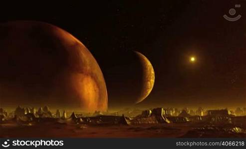 Stone desert of destruction of the old mountains and hills filled with bright golden light. The starry night sky two huge planet (moon) and a bright glowing object (UFO) fly slowly. Orange mist over the horizon. Rocks reflects golden light.