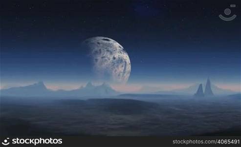 Stone desert with lonely sharp rocks covered with blue mist. Over the hazy horizon in a dark night sky huge planet and bright stars. The camera flies over the landscape.