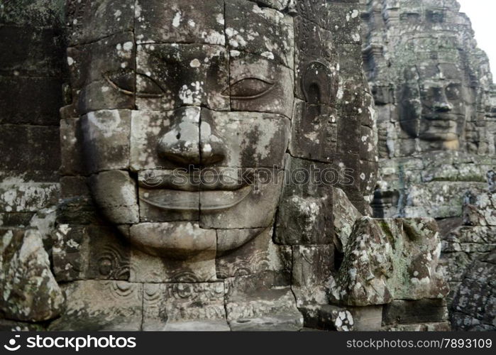 Stone Faces the Tempel Ruin of Angkor Thom in the Temple City of Angkor near the City of Siem Riep in the west of Cambodia.. ASIA CAMBODIA ANGKOR ANGKOR THOM