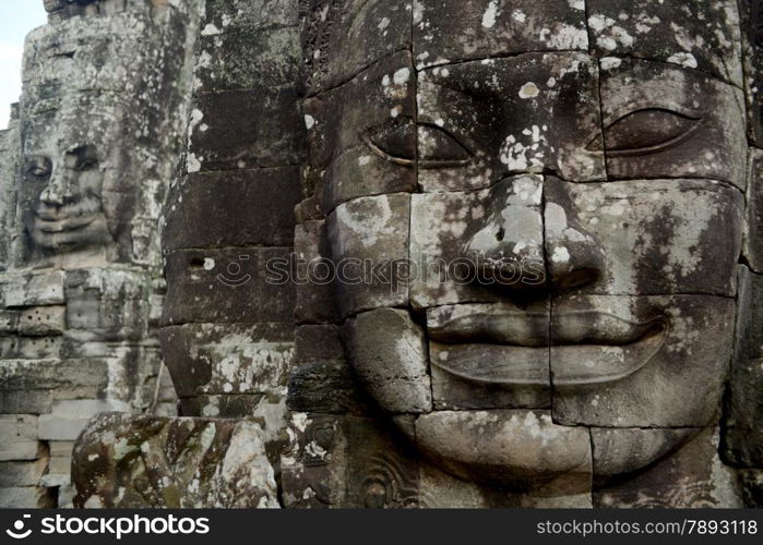 Stone Faces the Tempel Ruin of Angkor Thom in the Temple City of Angkor near the City of Siem Riep in the west of Cambodia.. ASIA CAMBODIA ANGKOR ANGKOR THOM