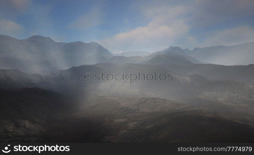 Stone field in dense fog in highlands