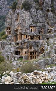 Stone graves and rock face in Myra, Turkey