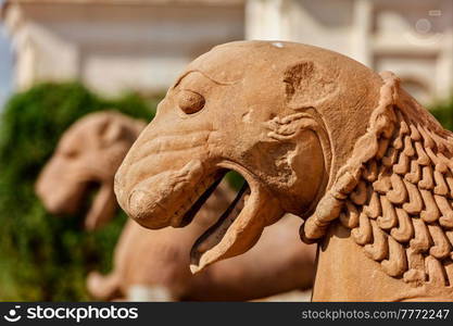 Stone lion sculptures in Khajuraho, Madhya Pradesh, India. Stone sculptures, Khajuraho, Madhya Pradesh, India