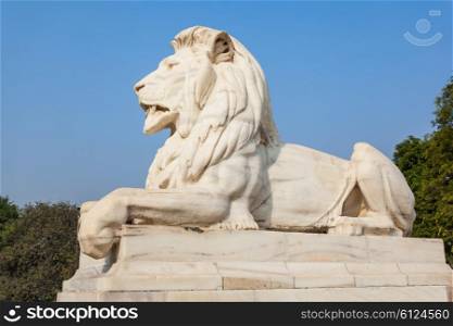 Stone lions at the Victoria Memorial Building. It is a large marble building, located in Kolkata, India.