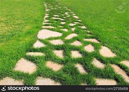 stone path in green grass garden texture vanishing perspective