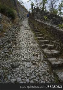 Stone path leading towards Kotor Fortress, Kotor, Bay of Kotor, Montenegro