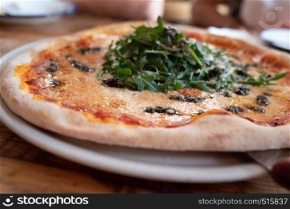 Stone pizza with provolone cheese, tartufata and arugula