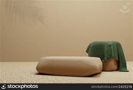 Stone podium and coconut leaf shadow with copy space Tropical summer 3D render