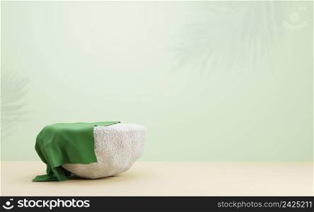 Stone podium and palm leaves shadow on green background with copy space 3D render