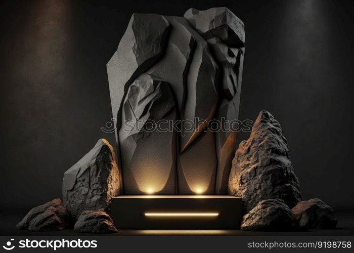 stone podium with warm light, empty display stage generative ai.
